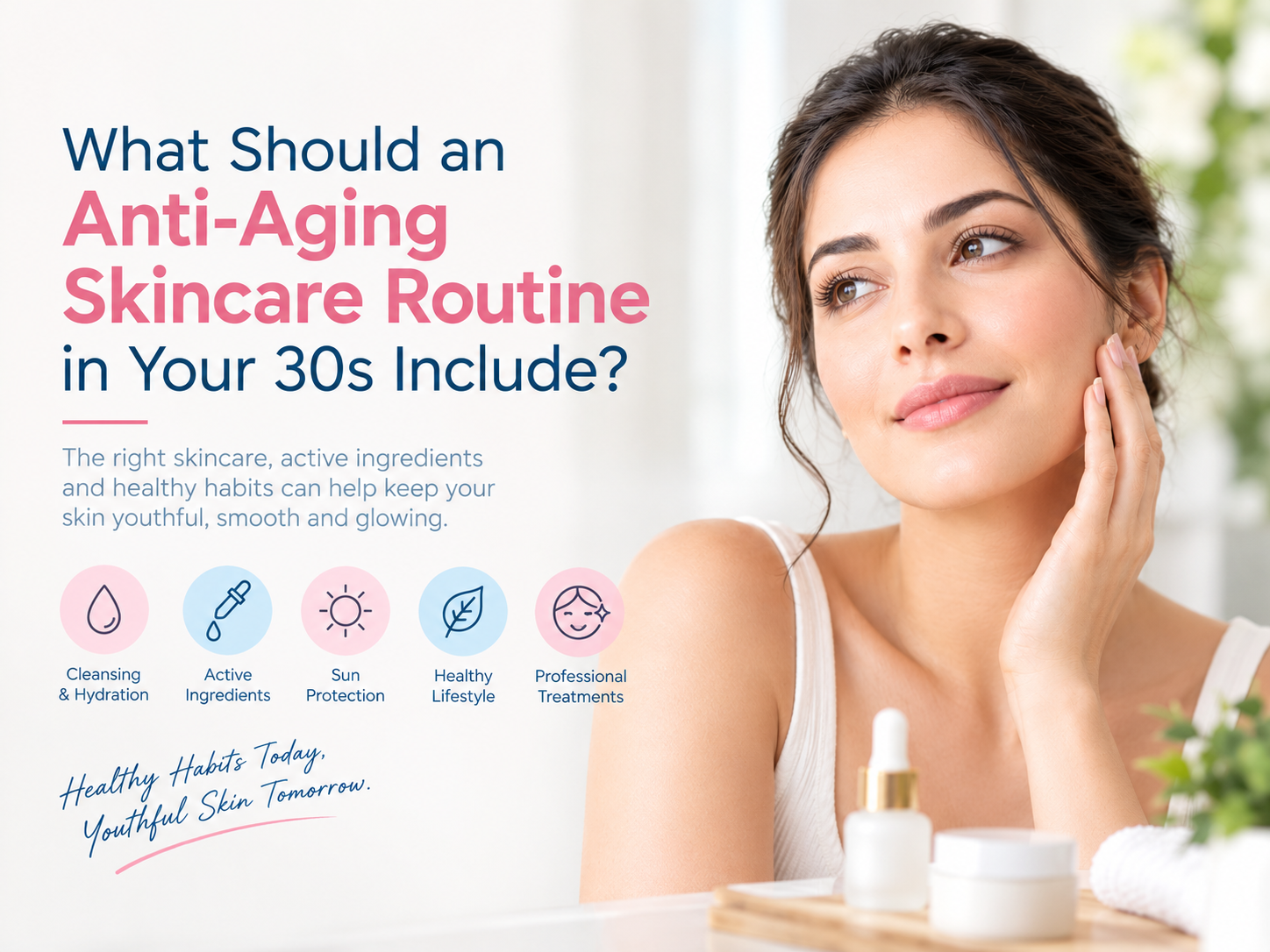 Anti-aging skincare routine in your 30s with hydration, active ingredients, sun protection and professional skin treatments